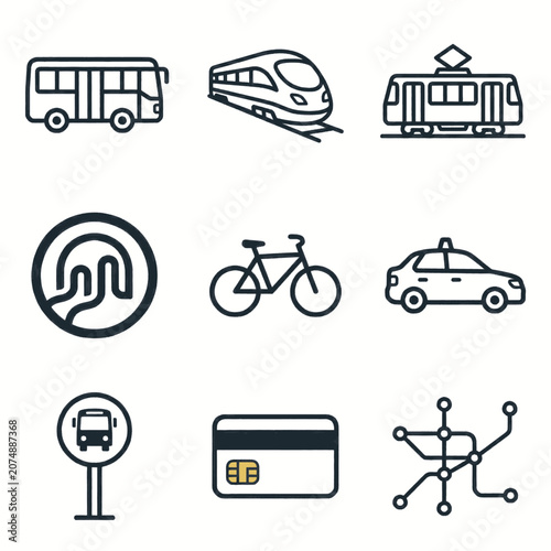 Collection of transportation icons including bus, train, tram, subway, bicycle, taxi, and credit card.
