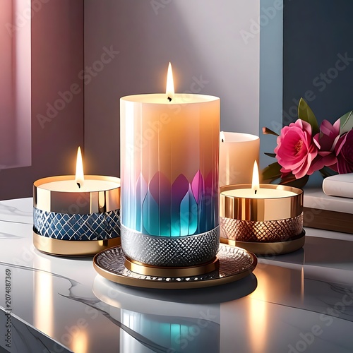 Colorful candles on a marble table with flowers