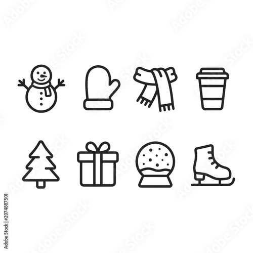 Collection of simple line icons representing winter and holiday themes, including a snowman, mitten, scarf, coffee cup, Christmas tree, gift, snow globe, and ice skate.