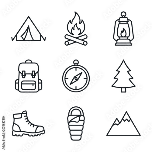 Set of simple line icons representing camping and outdoor adventure equipment.