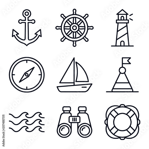 Collection of nautical and marine icons including an anchor, ship's wheel, lighthouse, compass, sailboat, buoy, waves, binoculars, and life preserver.