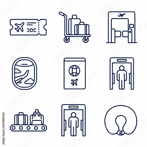 Set of travel icons representing airport security, boarding pass, luggage, and airplane window view.