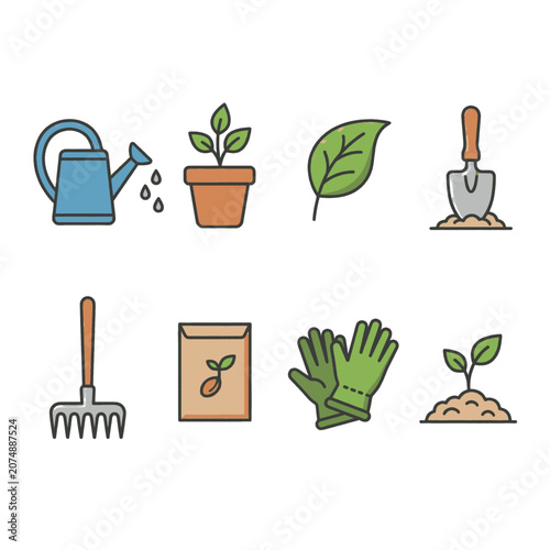 Collection of gardening icons representing tools and plants for cultivation and growth.
