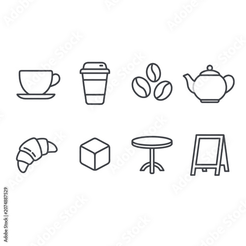 Collection of simple line icons representing coffee shop elements and breakfast items.