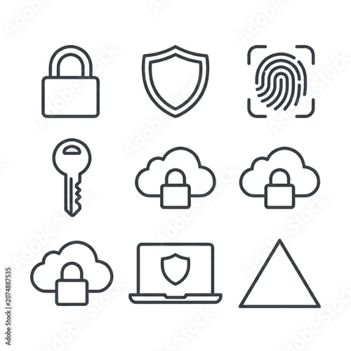 Collection of security icons including padlock, shield, fingerprint, key, cloud storage, and laptop with shield.