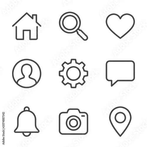 Collection of nine simple outline icons representing common user interface elements for websites and applications.
