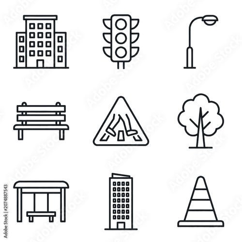 Set of urban icons representing city elements like buildings, traffic lights, streetlights, benches, trees, bus stops, and traffic cones.