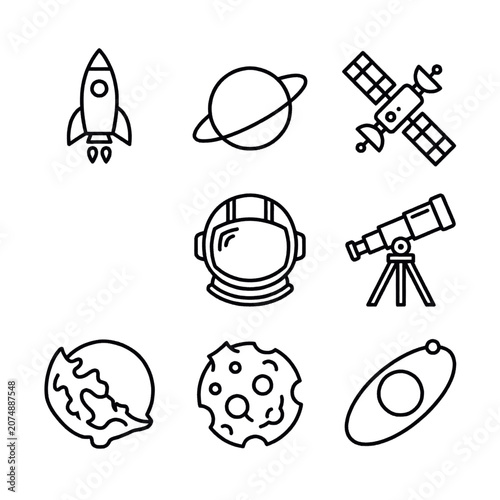 Collection of simple line icons representing space exploration and astronomy elements.