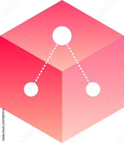 Abstract red isometric cube with white data connection nodes and dashed lines for technology illustration