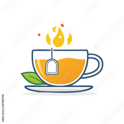 Flat illustration of tea cup with teabag and flame