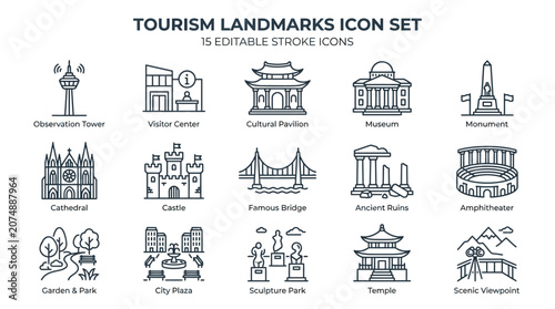 Landmark icons depict global sites.
