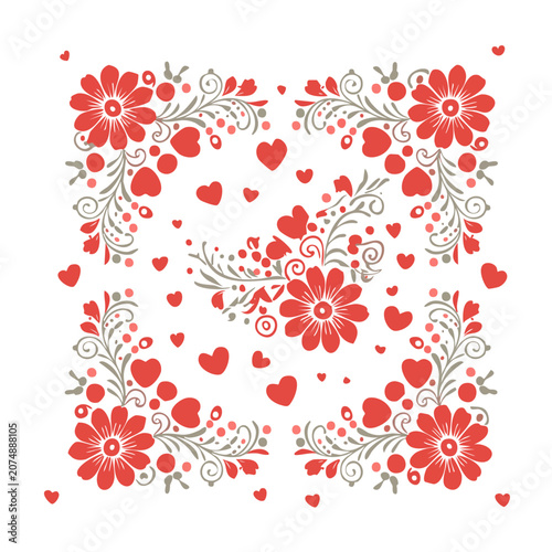 Red floral and heart pattern on white background