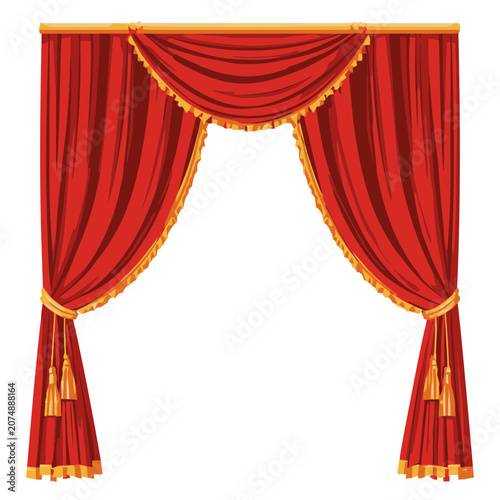 Red theater stage curtain with gold trim and tassels