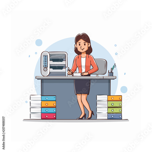 Woman working at office desk with printer and files