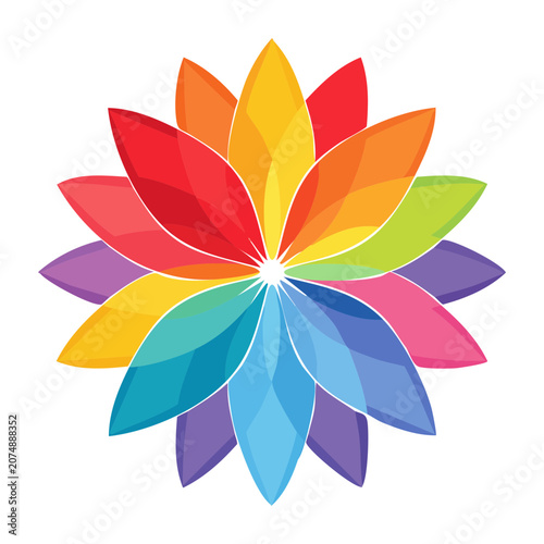 Abstract colorful flower with rainbow petals on white background