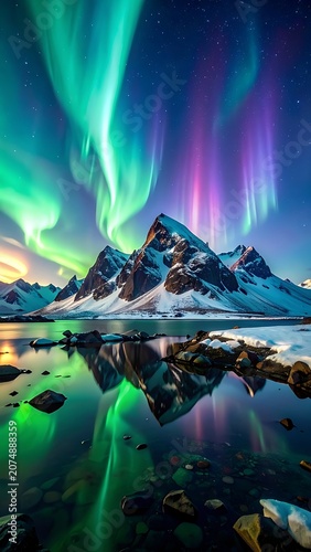 Vibrant aurora display over snow-capped mountains reflected in calm water