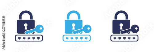 Cyber security login icons with padlock key and password field in blue and black colors.