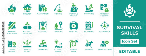Schilderij op canvas Survival Skills Camping Outdoor Adventure Wilderness Gear Vector Icon Set