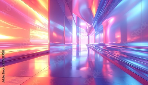 A futuristic corridor with vibrant neon lights and shiny floor