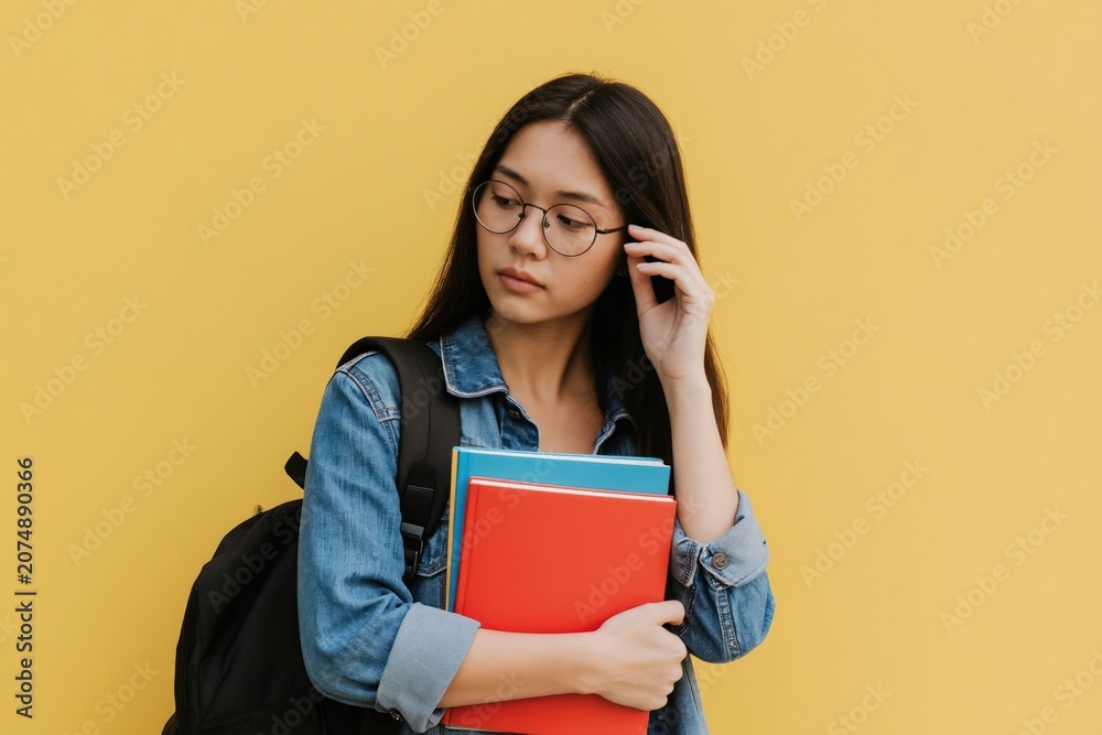 Fototapeta premium Young asian woman with glasses and backpack holds colorful books. Student looks thoughtful, confused, or stressed. Female thinks about studies, uncertain about schoolwork. Yellow background.