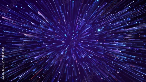 Abstract futuristic network background with high speed blue and purple light trails bursting from center.