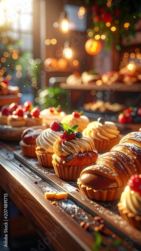 A warmly lit display of assorted pastries and cupcakes