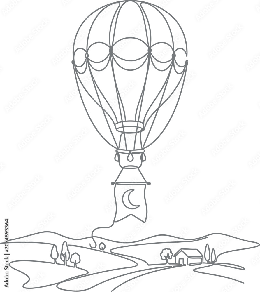 Fototapeta premium A minimalist continuous line drawing of a whimsical hot air balloon floating above a landscape.