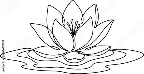 Minimalist continuous line drawing of a blooming lotus flower on water.