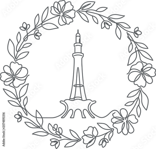 Minimalist line art illustration of the Minar e Pakistan monument framed by a delicate floral wreath.