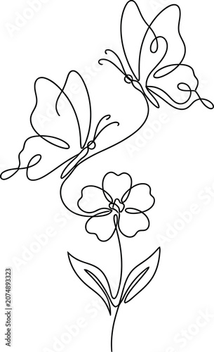 Minimalist continuous line art illustration featuring two butterflies hovering above a single blooming flower.