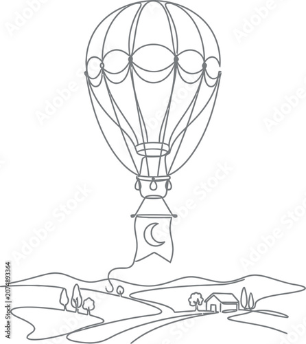 A minimalist continuous line drawing of a whimsical hot air balloon floating above a landscape.
