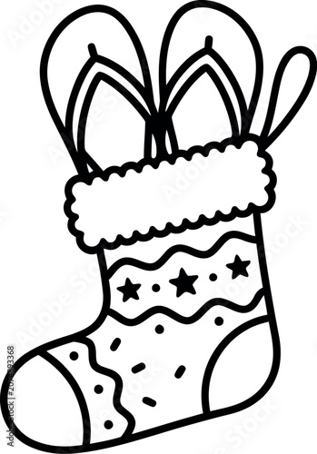 A black and white line art illustration of a Christmas stocking containing flip flops.