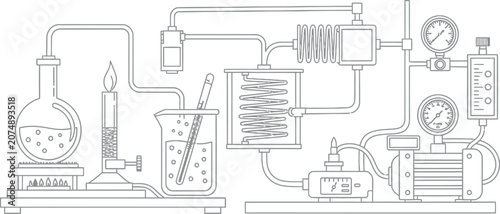 Scientific laboratory distillation apparatus setup for chemical research and industrial experimentation.
