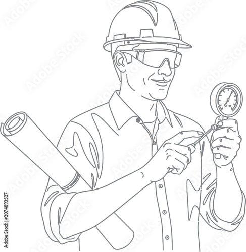Line art illustration of a professional engineer holding a pressure gauge and blueprints.