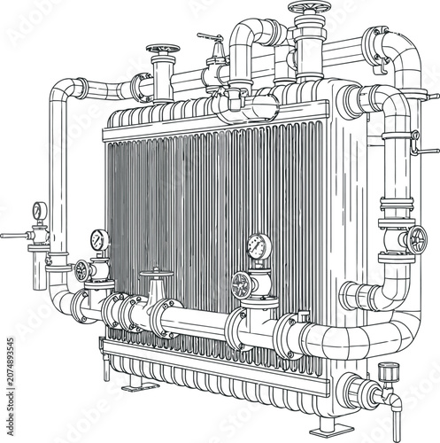 Technical line drawing of an industrial heat exchanger unit with piping and valves.
