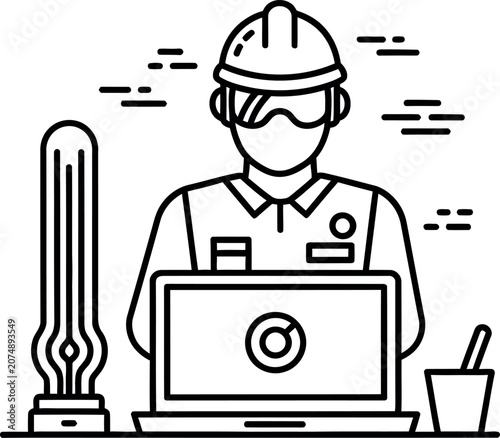 Line art icon of a construction engineer working on a laptop computer.