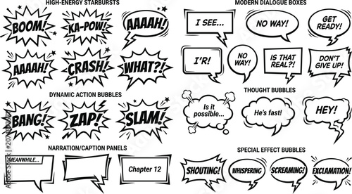 Comic Book Speech Bubbles And Starbursts Black And White Vector Illustration