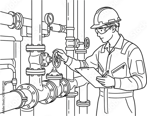 A professional technician inspecting industrial piping systems with a clipboard and safety gear.