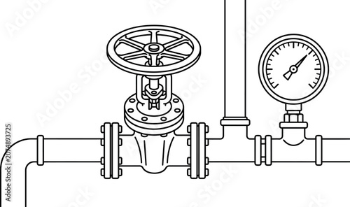 A detailed line art illustration of an industrial pipeline system featuring a valve and pressure gauge.