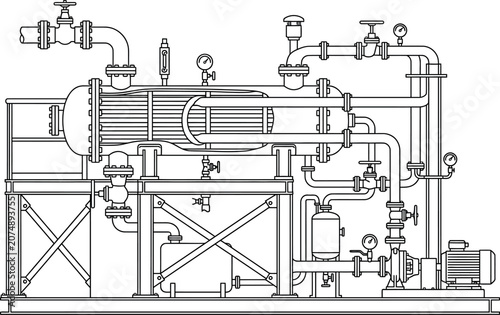 Technical line drawing of an industrial heat exchanger system with pump and piping.
