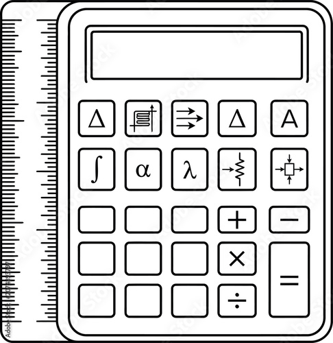 A black and white line art illustration of a scientific calculator with a ruler attached to the side.