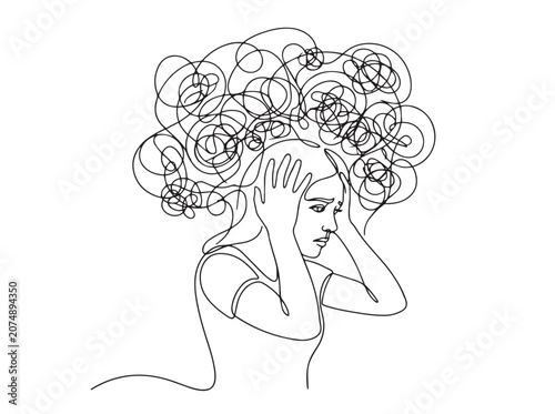 Minimalist continuous line art illustration of a woman experiencing anxiety stress and mental chaos for psychology concept 2