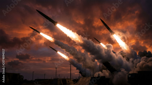 Military Rockets Launching with Heavy Smoke and Flames Against a Dramatic Sunset Sky