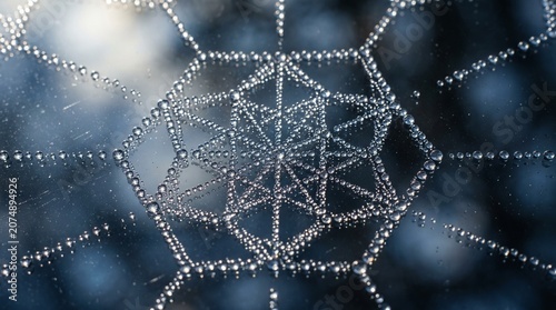 Intricate spider web pattern covered in crystal clear morning dew drops against dark background
