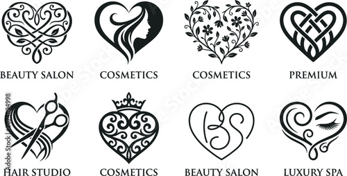 Floral ornament and heart shaped silhouettes black vector illustration