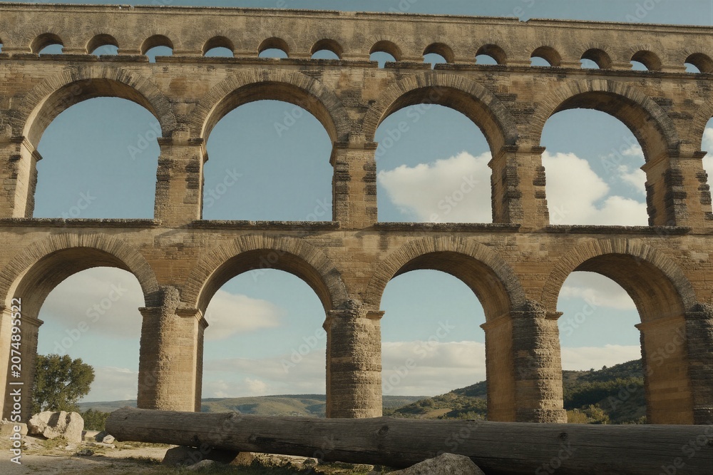 Fototapeta premium The Pont du Gard Roman Aqueduct stands majestically in southern France, its weathered stone arches a testament to ancient engineering.