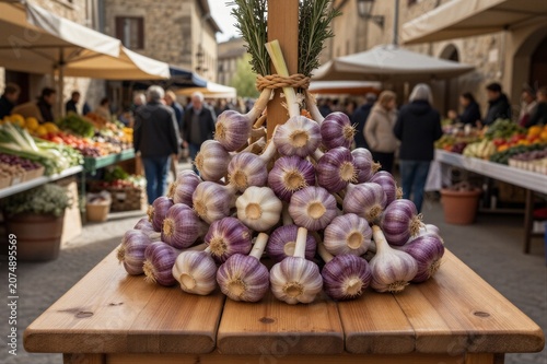 A pyramid of garlic bulbs, featuring purple-skinned and white-skinned varieties, is secured by a natural fiber rope on a rustic wooden table topped with fresh rosemary sprigs.