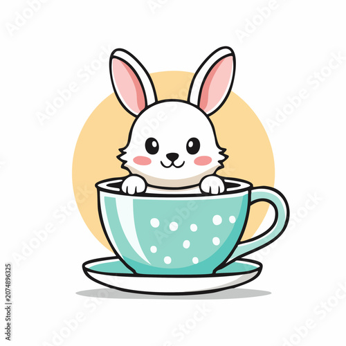 Cute white rabbit peeking out of a teal polka dot teacup