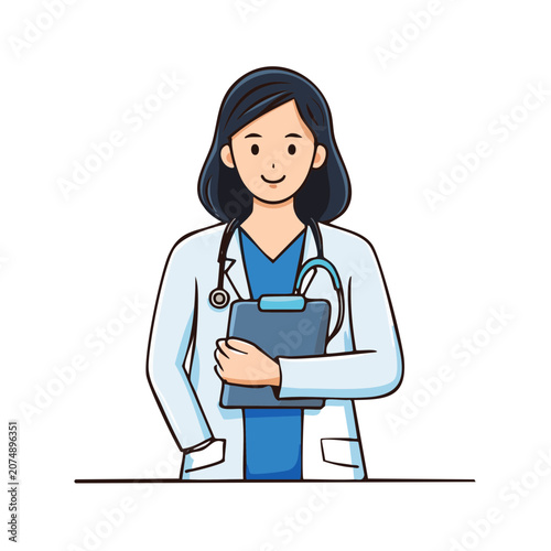 Female doctor holding clipboard in flat vector style