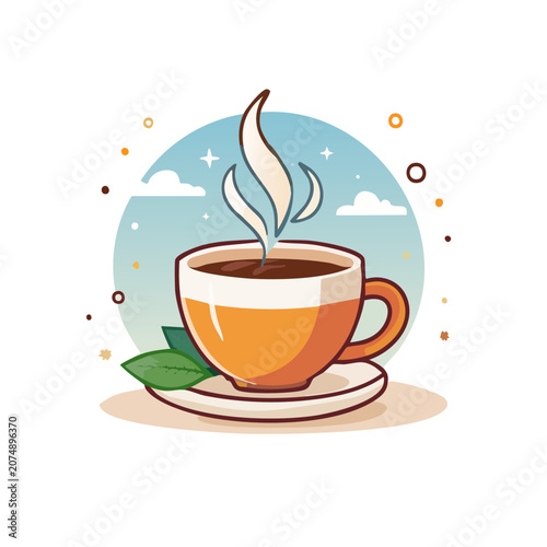 Flat illustration of a steaming coffee cup with leaf